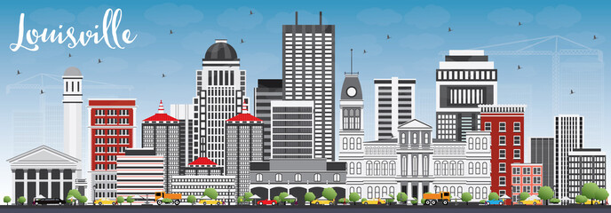 Louisville Skyline with Gray Buildings and Blue Sky. - obrazy, fototapety, plakaty
