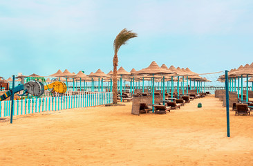 Volleyball net on the beach on sunny day