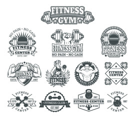 Set bodybuilding badges, stickers isolated on white.