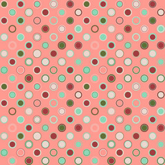 Geometric seamless pattern. The multicolored elements are arranged on salmon background and have a round shape. Useful as design element for texture, pattern and artistic composition.