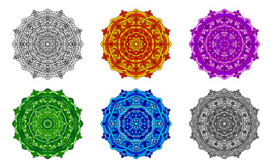 vector set mandala in different colors isolated on white background
