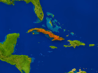 Fototapeta na wymiar Cuba from space in red