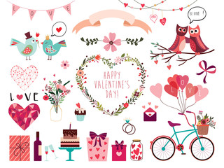 Valentine's day collection with hand drawn decorative elements - obrazy, fototapety, plakaty