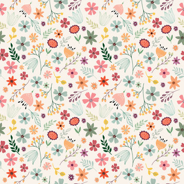 Floral seamless pattern with hand drawn flowers and plants