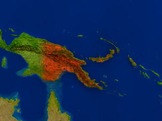 Papua New Guinea from space in red