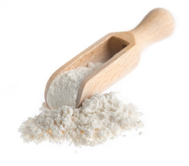 Fototapeta na wymiar flour with wooden scoop isolated on white background