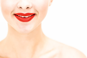 Close-up smile. Red lipstick. Space for text