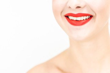Close-up smile. Red lipstick. Space for text