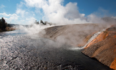 Firehole River flowing past the Midway Geyser Basin in Yellowstone National Park in Wyoming USA