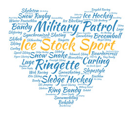Ice stock sport. Word cloud, heart, italic font, white background. Love of sport.
