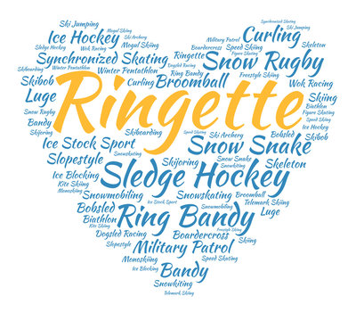 Ringette. Word cloud, heart, italic font, white background. Love of sport.