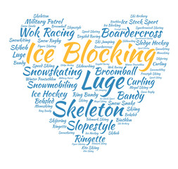 Ice blocking. Word cloud, heart, italic font, white background. Love of sport.