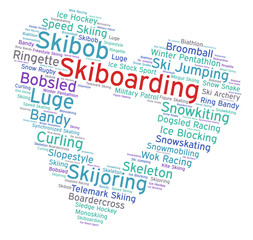 Skiboarding. Word cloud, heart inside heart, italic font, white background. Love of sport.