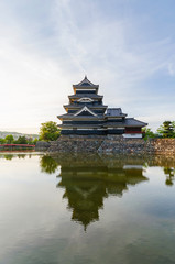 Matsumoto castle reflect on water in evening at nagano japan