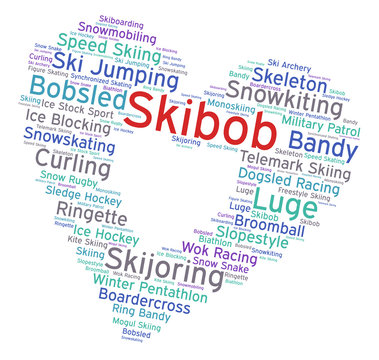 Skibob. Word cloud, heart inside heart, italic font, white background. Love of sport.