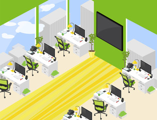  isometric office open-plan room with detailed personal workplac