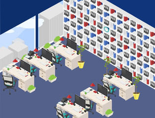isometric office open-plan room with detailed personal workplace