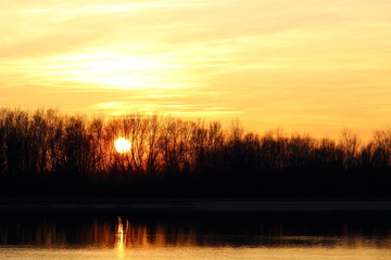 Silhouettes of trees on the river bank at sunset. Beautiful landscape showing sunrise over river on clear winter day.