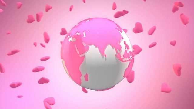 Spinning Valentine pink Earth surrounded by hearts