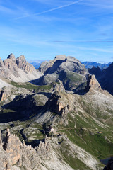 Sexten Dolomites panorama with mountains Birkenkofel and Toblinger Knoten and alpine hut Dreizinnenhütte in South Tyrol, Italy