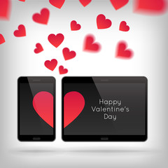 Happy Valentines Day greeting card. Vector illustration with technology device and hearts. Red hearts on screen of mobile phone. Telephone with romantic symbol of love.
