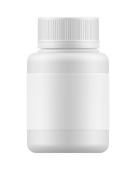 Vector 3d blank plastic jar with cap for pill or capsules. Mock-up package for medication: tablets, vitamin, supplement, antibiotic or aspirin. Medicine box or bottle for medicament. Pharmacy concept