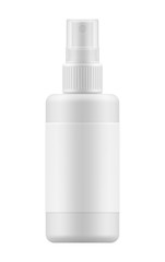 Vector 3d realistic bottle with sprayer. Mock-up white plastic packaging for medical spray. Blank template of container for liquid. Packaging of aerosol isolated on background.