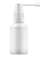 Mock-up white bottle with medicine throat spray. Realistic 3d blank template aerosol medication container. drug liquid for flu and allergy treatment. Pharmaceutical vector illustration