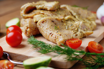 Raw marinated pork meat and vegetables 