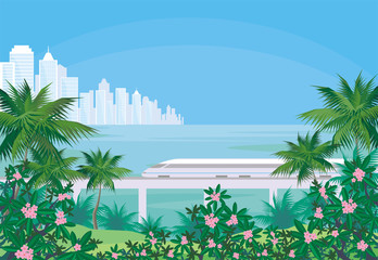 Abstract image of the southern seaside city. A city landscape with high-rise buildings, tropical plants and a view of the sea. Vector background.