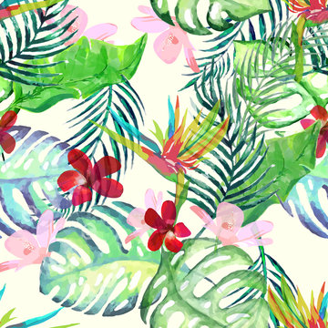 Vector illustration of green palm tree leaf seamless pattern.