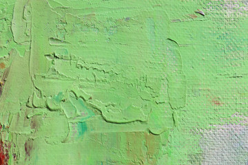 Green color abstract art background. Oil on canvas. Rough and express brushstrokes of paint.