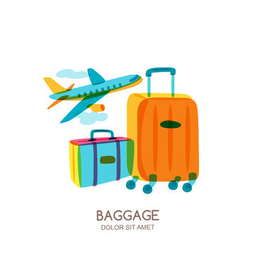 Travel and tourism concept. Multicolor luggage, suitcase, bag and flying plane. Vector doodle isolated illustration. Trendy flat design for summer vacation.