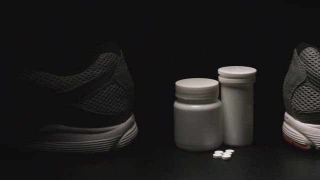 DOPING: Plastic containers, pills and sport shoes (back) - Dolly shot
