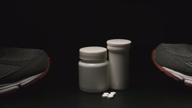 DOPING: Plastic containers, pills and sport shoes (side view) - Dolly shot