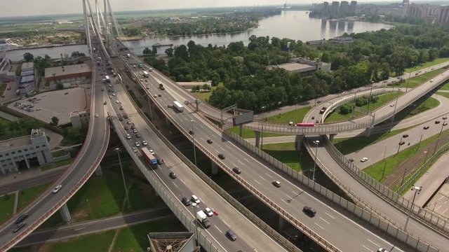 Panorama of intersection of Obukhov Oborony avenue and ring highway interchanges. The Nevsky district, St. Petersburg, Russia
