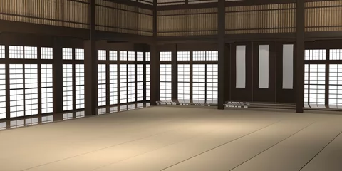 Poster de jardin Arts martiaux Illustration en rendu 3D d& 39 un dojo ou d& 39 une école de karaté traditionnel avec tapis d& 39 entraînement et fenêtres en papier de riz.