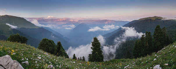panorama landscape with alpine meadow and forest in the mountains, Abkhazia Western Caucasus.