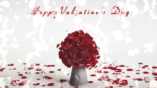 Ein Strau&szlig; mit Rosen in einer Vase zum Valentinstag hinter einer Glasscheibe mit Wassertropfen