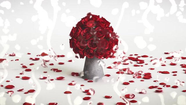 Ein Strauß mit Rosen in einer Vase zum Valentinstag hinter einer Glasscheibe mit Wassertropfen