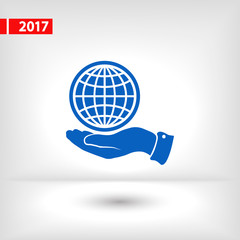 Globe icon with hand, vector illustration. Flat design style