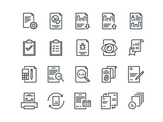 Report. Set of outline vector icons. Includes such as Auto Reports, Calculation, Settings, Generate and more.