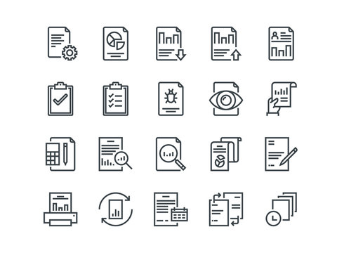 Report. Set of outline vector icons. Includes such as Auto Reports, Calculation, Settings, Generate and more.