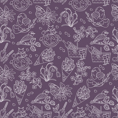 Spring thin line seamless pattern with vector icons.