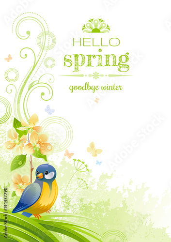 Spring Nature Vector Poster Isolated White Background Tit Bird