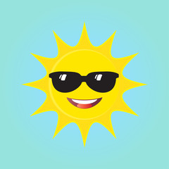 Sun happy on blue background. Summer sun flat illustration for web, art and app design. Sun weather symbol. Sun icon
