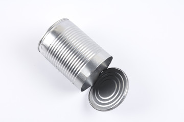 Empty oped aluminum can isolated on white.