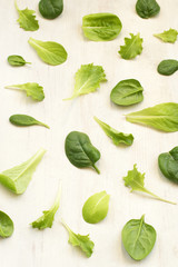 Young spring salad mix with the lettuce and spinach on a white wooden background