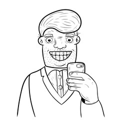Cartoon man taking self portrait with his mobile phone