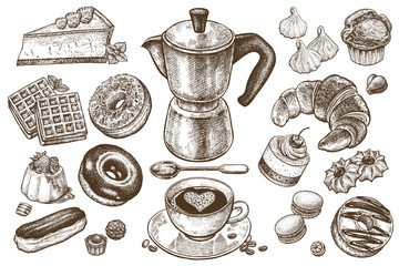 Coffee and desserts vector set illustration. Food elements isolated on white background. Coffee pot, cup and spoon. Cakes, cookies, muffins, donuts, pastries, candy in style of vintage engraving. - obrazy, fototapety, plakaty